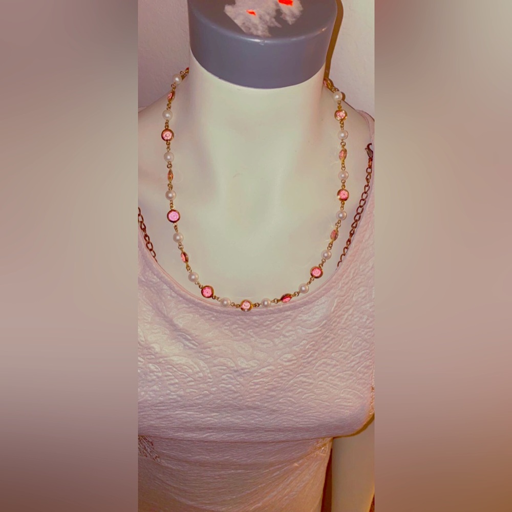🌸🌼Pearl Faux Tennis Link Station Style Glass Stone Yellow Gold Tone Necklace
